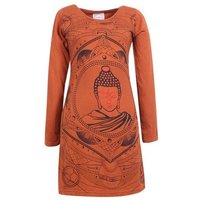 Vishes Midikleid Langarm Baumwollkleid Shirtkleid mit Buddha Druck Übergangskleid, Hippie Style von Vishes