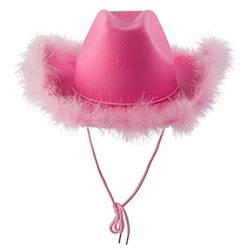 Frauen-Cowgirl-Hüte, Filz, flauschiger Federbesatz, Cowgirl-Hüte, breite Krempe, für Kostümpartys, Cowgirl-Hüte, Damen-Kostüme für Erwachsene, Preppy-Hüte für Kostüme, Feiertage, Partys, Karneval von Visiblurry