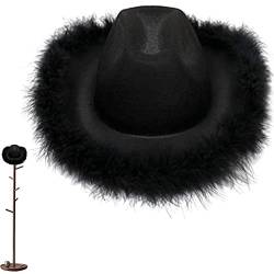 Frauen-Cowgirl-Hüte, Filz, flauschiger Federbesatz, Cowgirl-Hüte, breite Krempe, für Kostümpartys, Cowgirl-Hüte, Damen-Kostüme für Erwachsene, Preppy-Hüte für Kostüme, Feiertage, Partys, Karneval von Visiblurry