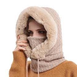 Visyaa 3 in 1 Winter Warm Strickmütze Balaclava Schlupfmütze Sturmhaube mit Halswärmer Plüsch Mütze Schlupfmütze Verstellbare Kordelzug Radfahren Mützen Skimütze Gefüttert Schlupfmütze für Outdoor von Visyaa