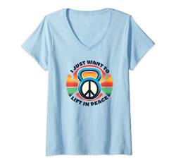 Damen Motivierende Fitness Kettlebell Workout Lift In Peace T-Shirt mit V-Ausschnitt von VitalityVibe Kettlebells