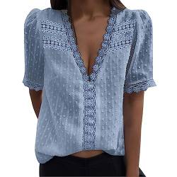 Damen Bluse Boho Spitze T-Shirt Tops Elegant Frühling Sommer V-Ausschnitt Oberteile Tunika Tupfen Chiffon Spitzenbesatz Kurzarm Locker Rüschen Rundhals Musselin Hemd Spitzenbluse für Frauen S-3XL von Viunychn