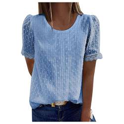 Damen Bluse Boho Spitze T-Shirt Tops Elegant Frühling Sommer V-Ausschnitt Oberteile Tunika Tupfen Chiffon Spitzenbesatz Kurzarm Locker Rüschen Rundhals Musselin Hemd Spitzenbluse für Frauen S-3XL von Viunychn