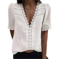 Damen Bluse Boho Spitze T-Shirt Tops Elegant Frühling Sommer V-Ausschnitt Oberteile Tunika Tupfen Chiffon Spitzenbesatz Kurzarm Locker Rüschen Rundhals Musselin Hemd Spitzenbluse für Frauen S-3XL von Viunychn