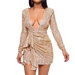 Festliche Kleider Für Damen Rückenfrei Curvy Kurz Pailletten Festlich Glitzer+Kleid Paliettenkleider V Ausschnitt Schickes Langarm Silvester Abendkleid Abendkleider Glitter Schicke Partyoutfits von Viunychn