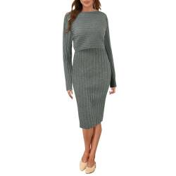 Strickkleid Damen Herbst Elegant Winter Winterkleid Herbstkleid Pulloverkleid 2 Teilig Moderne Midi Langarm Strickkleider Wollkleider Weihnachts Zopfmuster Zwei Knitted Skims Dress for Women @2 von Viunychn