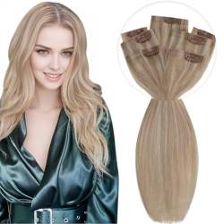 Vivien Clip Extensions Echthaar Blond PU Clip Echthaar Extensions Remy Clip in Extensions Haarverlängerung Aschblond mit Bleich Blond #18/613 35cm 120g/7pcs von Vivien