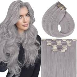 Vivien Echthaar Clip in Extensions Grau Echthaar Extensions Clip Remy Echthaar Clip Extensions Haarverlängerung 40cm 120g/7pcs #Silber von Vivien