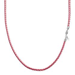 Viwind Echt leder Halskette 2.9mm breit geflochten Lederkette Lederband 45-65cm wählbar 925 Sterling Silber Vers chluss Damen Herren für DIY Anhänger braun schwarz rosa (45cm, Rot-Rosa) von Viwind