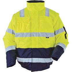 Vizwell Warnschutz Pilotenjacke 2 in 1 Arbeitsjacke Warnjacke Warnschutzjacke mit Schulterreflektorstreifen (3XL, leuchtgelb-marine) von Vizwell