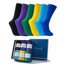 Vkele 6 Paar einfarbig Socken Geschenkpack Ideal als Valentinsgeschenke, bunt Herrensocken, Baumwolle, Crew Socken, für Business und Freizeit, blau, lila, schwarz, gelb, grün, hellblau, 39 40 41 42 von Vkele