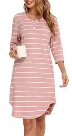 Vlazom 3/4 Ärmel Nachthemd V-Ausschnitt Damen Nachthemd mit Zwei Knöpfe Baumwolle Streifen Schlafhemd Damen Nachtwäsche mit Taschen(S,Stil A-Rosa) von Vlazom