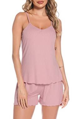 Vlazom Ärmellos Schlafanzug kurzes Pyjama Set mit Rippstreifen Sommer Hausanzug für Damen（M,Rosa） von Vlazom