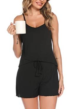 Vlazom Ärmellos Schlafanzug kurzes Pyjama Set mit Rippstreifen Sommer Hausanzug für Damen（S,Schwarz） von Vlazom