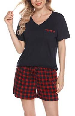 Vlazom Damen Kariert Schlafanzug kurz Zweiteiliges Pyjama Set Sommer Schlafanzug V-Ausschnitt Kurzarm Pyjama Set（M,Stil E-Weinrot） von Vlazom