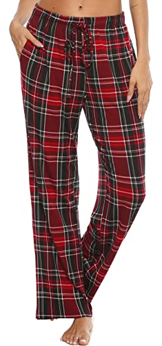 Vlazom Damen Karierte Schlafanzughose weich Pyjamahose für Frauen Jogginghose Lange blickdicht Sporthose(XL,A Stil-Weinrot) von Vlazom