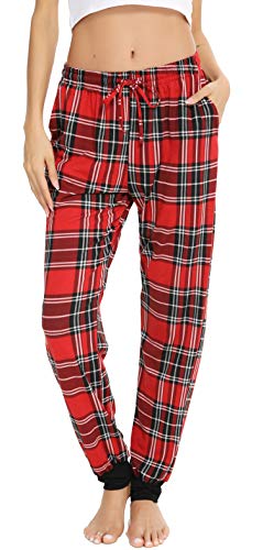 Vlazom Damen Karierte Schlafanzughose weich Pyjamahose für Frauen Jogginghose Lange Blickdicht Sporthose(XXL,Rot) von Vlazom