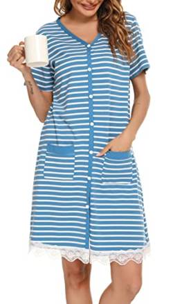 Vlazom Damen Nachthemd Baumwolle Streifen Nachtkleid V-Ausschnitt Stillnachthemd Kurzarm Knopfleiste umstandsnachthemd Schlafshirt mit Taschen(M,Stil B-Kobaltblau) von Vlazom