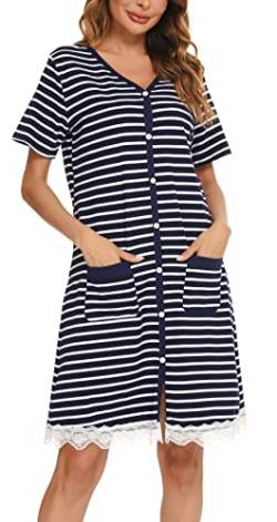 Vlazom Damen Nachthemd Baumwolle Streifen Nachtkleid V-Ausschnitt Stillnachthemd Kurzarm Knopfleiste umstandsnachthemd Schlafshirt mit Taschen(M,Stil B-Marineblau) von Vlazom