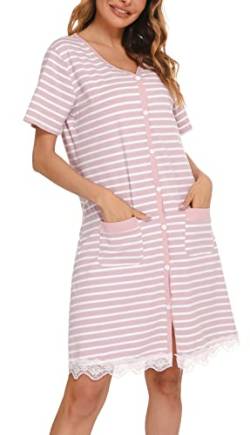 Vlazom Damen Nachthemd Baumwolle Streifen Nachtkleid V-Ausschnitt Stillnachthemd Kurzarm Knopfleiste umstandsnachthemd Schlafshirt mit Taschen(M,Stil B-rosa) von Vlazom