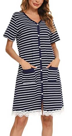 Vlazom Damen Nachthemd Baumwolle Streifen Nachtkleid V-Ausschnitt Stillnachthemd Kurzarm Knopfleiste umstandsnachthemd Schlafshirt mit Taschen(S,Stil B-Marineblau) von Vlazom