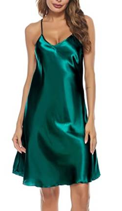 Vlazom Damen Nachthemd Satin Sexy Negligee Unterkleid mit Spaghettiträger V Ausschnitt Nachtkleid für Frauen(L,Stil A-Dunkelgrün) von Vlazom