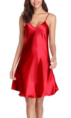 Vlazom Damen Nachthemd Satin Sexy Negligee Unterkleid mit Spaghettiträger V Ausschnitt Nachtkleid für Frauen(L,Stil A-Rot) von Vlazom