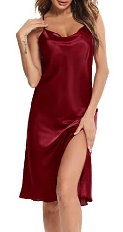 Vlazom Damen Nachthemd Satin Sexy Negligee Unterkleid mit Spaghettiträger V Ausschnitt Nachtkleid für Frauen(S,Stil C-Weinrot) von Vlazom