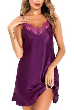 Vlazom Damen Nachthemd Satin Sexy Negligee Unterkleid mit Spaghettiträger V Ausschnitt Nachtkleid für Frauen(XL,Stil A-Violett) von Vlazom