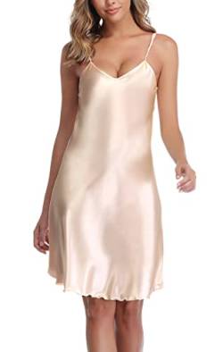 Vlazom Damen Nachthemd Satin Sexy Negligee Unterkleid mit Spaghettiträger V Ausschnitt Nachtkleid für Frauen(XXL,Stil A-Champagner) von Vlazom