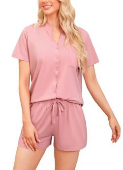 Vlazom Damen Pyjama Schlafanzug Kurz Baumwolle Sommer Nachtwäsche V Aussschnitt mit Knöpfe und Taschen（XXL,Rosa） von Vlazom