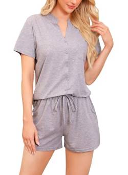 Vlazom Damen Pyjama Schlafanzug Kurz Sommer Baumwolle Nachtwäsche V Aussschnitt mit Knöpfe und Taschen（XXL,Hell Grau） von Vlazom