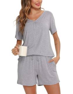 Vlazom Damen Pyjama Schlafanzug Kurz Sommer Pyjama Set Baumwolle Nachtwäsche Kurzarm V Aussschnitt Sleepwear mit Kordelzug & Seitentasche(L,Stil B-Grau) von Vlazom