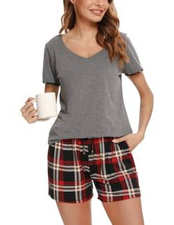 Vlazom Damen Pyjama Schlafanzug Kurz Sommer Pyjama Set Baumwolle Nachtwäsche Kurzarm V Aussschnitt Sleepwear mit Kordelzug & Seitentasche(L,Stil D-Grau) von Vlazom