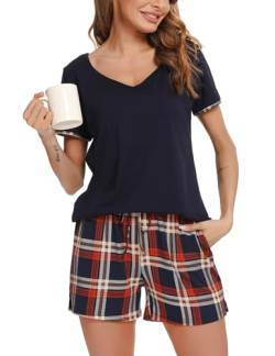 Vlazom Damen Pyjama Schlafanzug Kurz Sommer Pyjama Set Baumwolle Nachtwäsche Kurzarm V Aussschnitt Sleepwear mit Kordelzug & Seitentasche(M,Stil D-Blau) von Vlazom