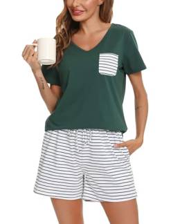 Vlazom Damen Pyjama Schlafanzug Kurz Sommer Pyjama Set Baumwolle Nachtwäsche Kurzarm V Aussschnitt Sleepwear mit Kordelzug & Seitentasche(XXL,Stil A-Dunkelgrün) von Vlazom