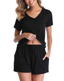 Vlazom Damen Pyjama Schlafanzug Kurz Sommer Pyjama Set Baumwolle Nachtwäsche Kurzarm V Aussschnitt Sleepwear mit Kordelzug & Seitentasche,Schwarz-stil B,XXL von Vlazom