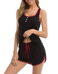 Vlazom Damen Pyjama Set Sommer Schlafanzug V-Ausschnitt Zweiteiliger Schlafanzug für Damen Kurzer Hausanzug(L,Schwarz) von Vlazom