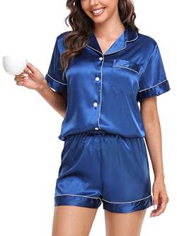 Vlazom Damen Satin Schlafanzug Kurzarm Satin Pyjama Set mit Knopfleiste Zweiteiliger Hausanzug（L,Blau） von Vlazom