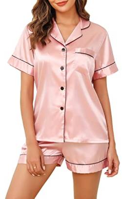 Vlazom Damen Satin Schlafanzug Kurzarm Satin Pyjama Set mit Knopfleiste Zweiteiliger Hausanzug（L,Rosa） von Vlazom