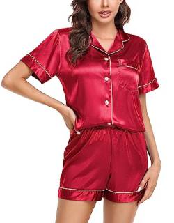 Vlazom Damen Satin Schlafanzug Kurzarm Satin Pyjama Set mit Knopfleiste Zweiteiliger Hausanzug（L,Rot） von Vlazom