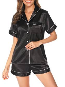 Vlazom Damen Satin Schlafanzug Kurzarm Satin Pyjama Set mit Knopfleiste Zweiteiliger Hausanzug（L,Schwarz） von Vlazom