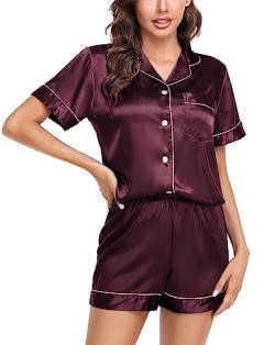 Vlazom Damen Satin Schlafanzug Kurzarm Satin Pyjama Set mit Knopfleiste Zweiteiliger Hausanzug（M,Burgunderrot） von Vlazom