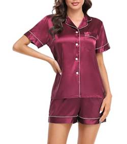 Vlazom Damen Satin Schlafanzug Kurzarm Satin Pyjama Set mit Knopfleiste Zweiteiliger Hausanzug（M,Weinrot） von Vlazom