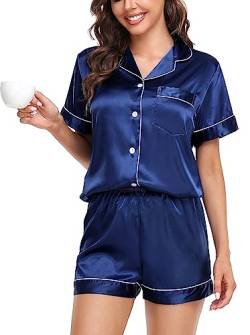 Vlazom Damen Satin Schlafanzug Kurzarm Satin Pyjama Set mit Knopfleiste Zweiteiliger Hausanzug（S,Marineblau von Vlazom