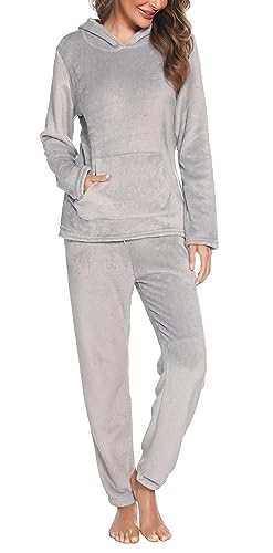 Vlazom Damen Schlafanzug Flanell Hausanzug Winter Pyjama Set Lang Zweiteiliger Schlafanzug（L,Grau mit Kapuze） von Vlazom