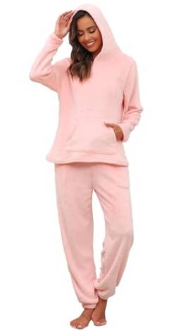 Vlazom Damen Schlafanzug Flanell Hausanzug Winter Pyjama Set Lang Zweiteiliger Schlafanzug（L,Rosa mit Kapuze） von Vlazom