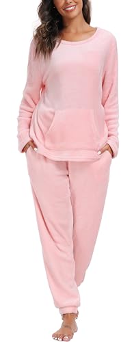 Vlazom Damen Schlafanzug Flanell Hausanzug Winter Pyjama Set Lang Zweiteiliger Schlafanzug（L,Rosa ohne Kapuze） von Vlazom