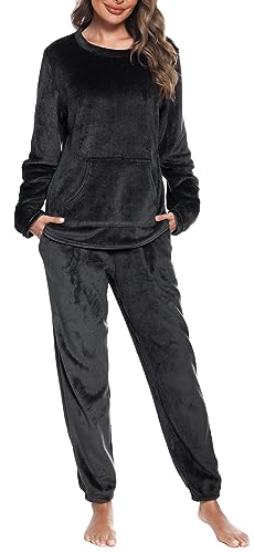 Vlazom Damen Schlafanzug Flanell Hausanzug Winter Pyjama Set Lang Zweiteiliger Schlafanzug（XL,Schwarz ohne Kapuze） von Vlazom