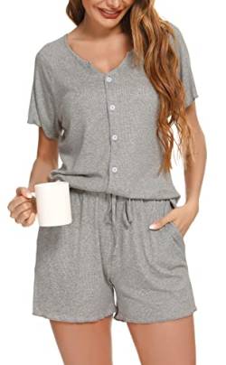 Vlazom Damen Schlafanzug Kurzarm Pyjama Set mit Knöpfe V-Ausschnitt Sleepwear Sommer Nachtwäsche(L,Stil B-Hellgrau) von Vlazom